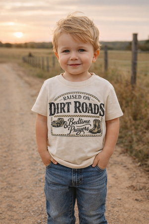 Raised on Dirt Roads & Bedtime Prayers Toddler Shirt | Country Farm Kids Tee | Vintage Western Toddler T-Shirt | Rustic Kids Shirt