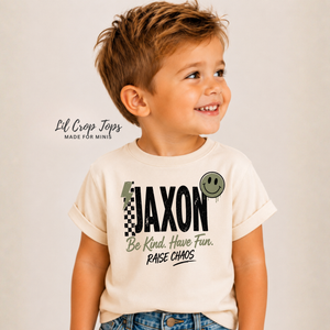 Personalized Kids Name Shirt, Custom Name Toddler Shirt, Personalized Boy Shirt, Custom Graphic Tee, Be Kind Have Fun Raise Chaos Shirt, Toddler Gift