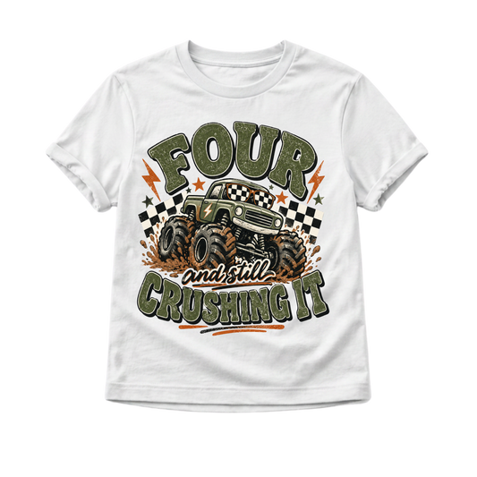 4th Birthday Boy Shirt, Monster Truck Birthday Shirt, Four and Still Crushing It, 4 Year Old Boy Birthday Outfit, Monster Truck Party Tee