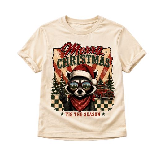 Kids Christmas Shirt, Merry Christmas Raccoon Tee, Toddler Christmas Shirt, Baby Christmas Bodysuit, Retro Holiday Outfit