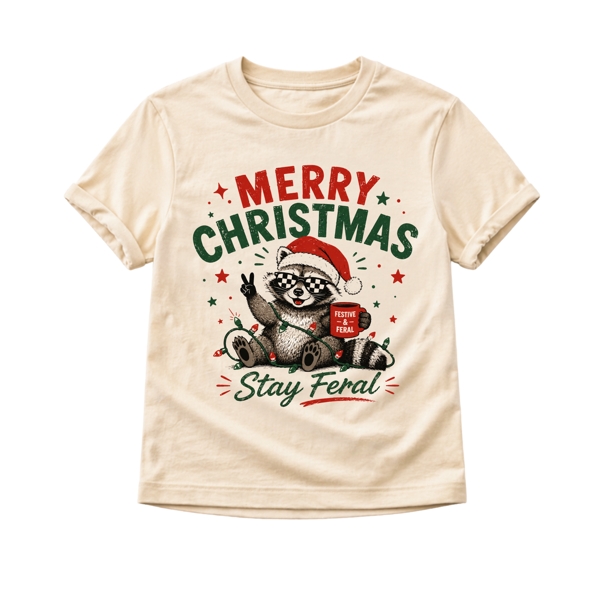 Funny Raccoon Christmas Shirt, Merry Christmas Stay Feral Tee, Retro Christmas Shirt for Kids, Baby Holiday Bodysuit, Toddler Christmas Outfit